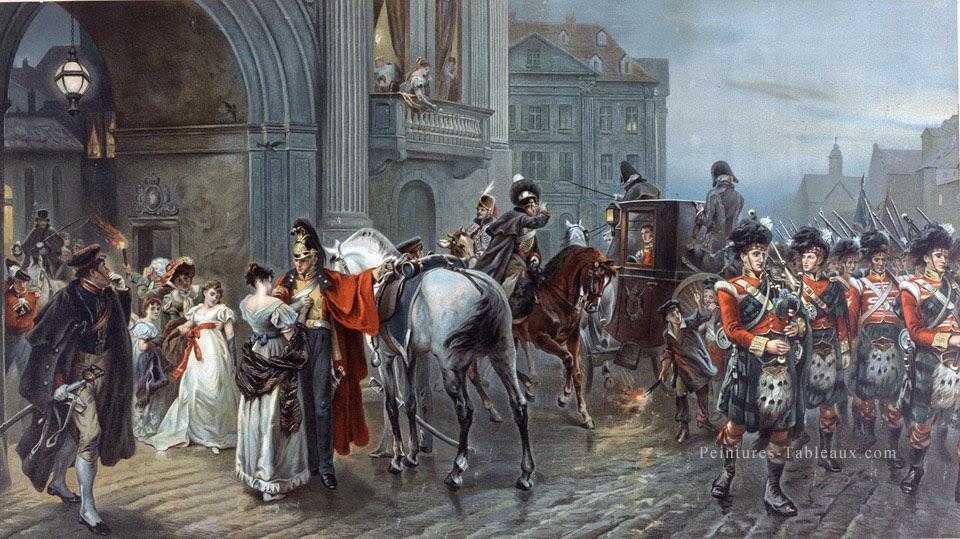 Convoqué à Waterloo Bruxelles l’aube de juin 16 1815 Robert Alexander Hillingford scènes de batailles historiques Peintures à l'huile